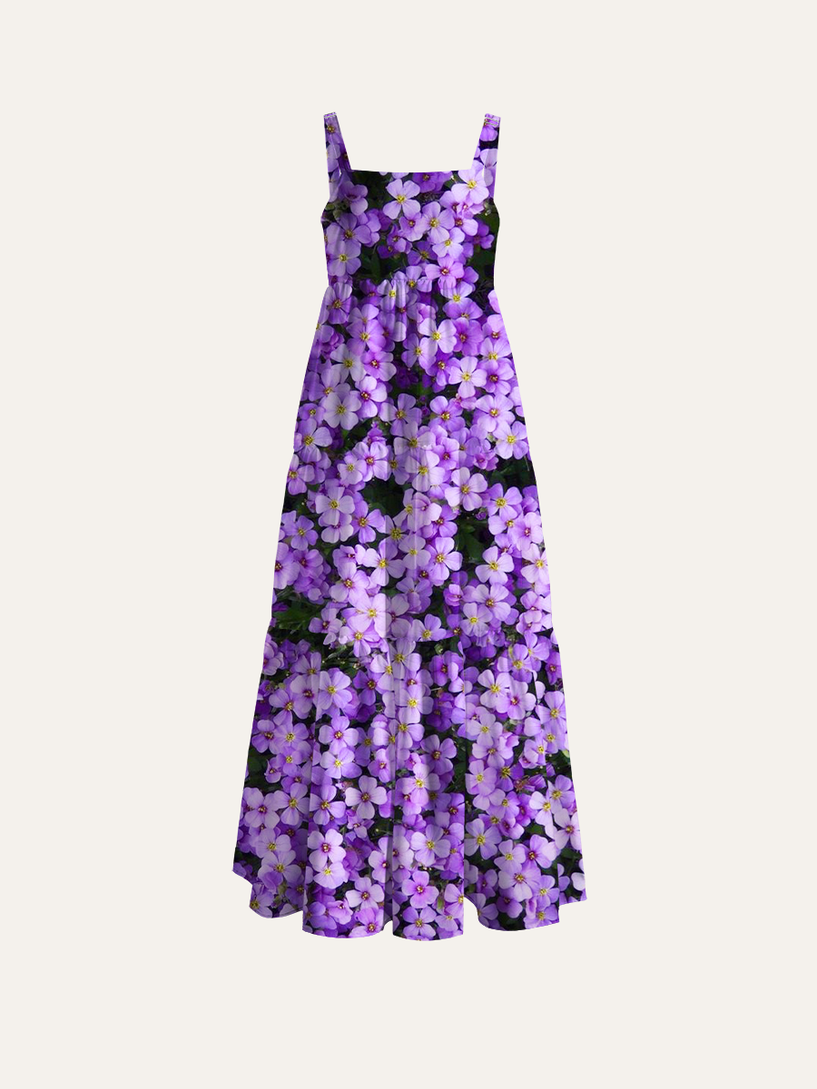 Dense Purple Aubrieta Floral Adjustable Wide Straps Maxi Dress