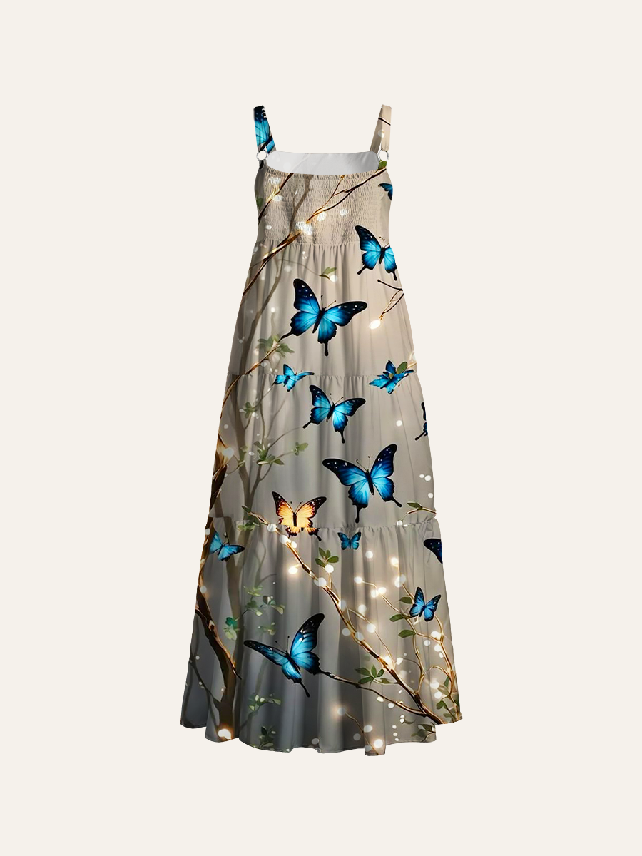 Fairy Light Blue Butterfly Branch Adjustable Wide Straps Maxi Dress