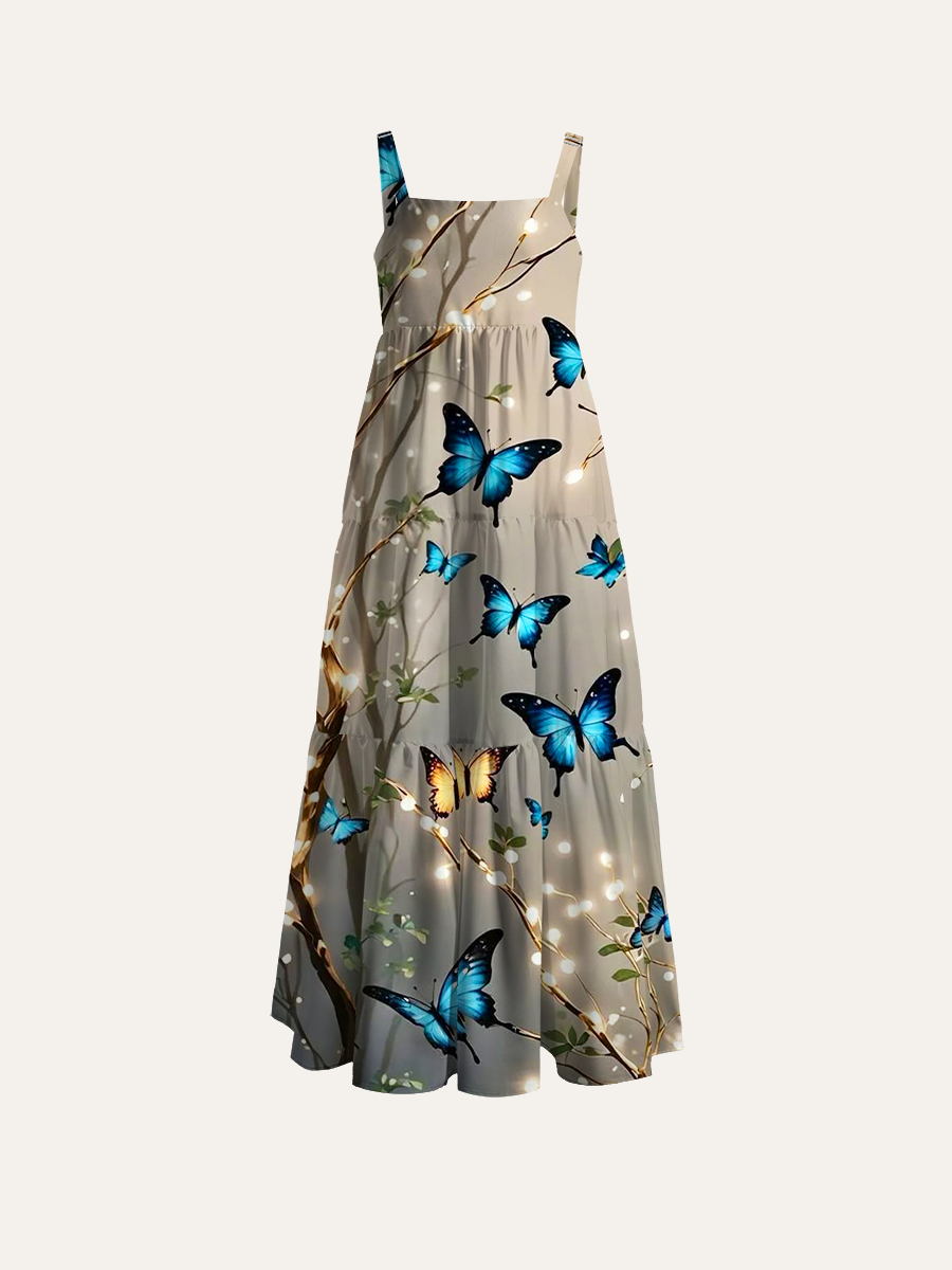 Fairy Light Blue Butterfly Branch Adjustable Wide Straps Maxi Dress