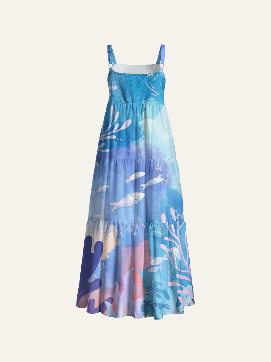 Pastel Watercolor Underwater World Adjustable Wide Straps Maxi Dress