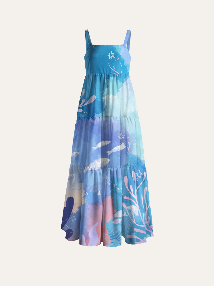 Pastel Watercolor Underwater World Adjustable Wide Straps Maxi Dress