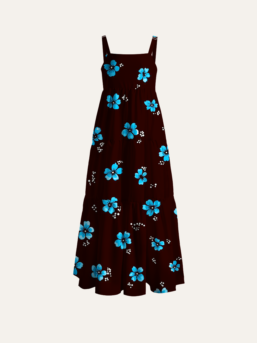 Midnight Blue Cherry Blossom Scattered Adjustable Wide Straps Maxi Dress