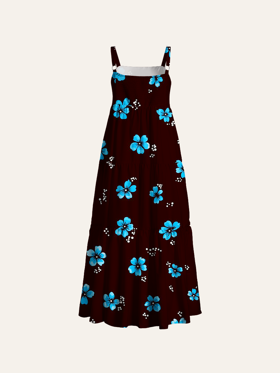 Midnight Blue Cherry Blossom Scattered Adjustable Wide Straps Maxi Dress