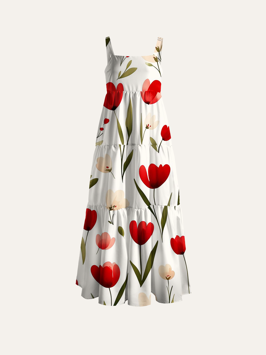 Watercolor Red Tulip Scattered Adjustable Wide Straps Maxi Dress