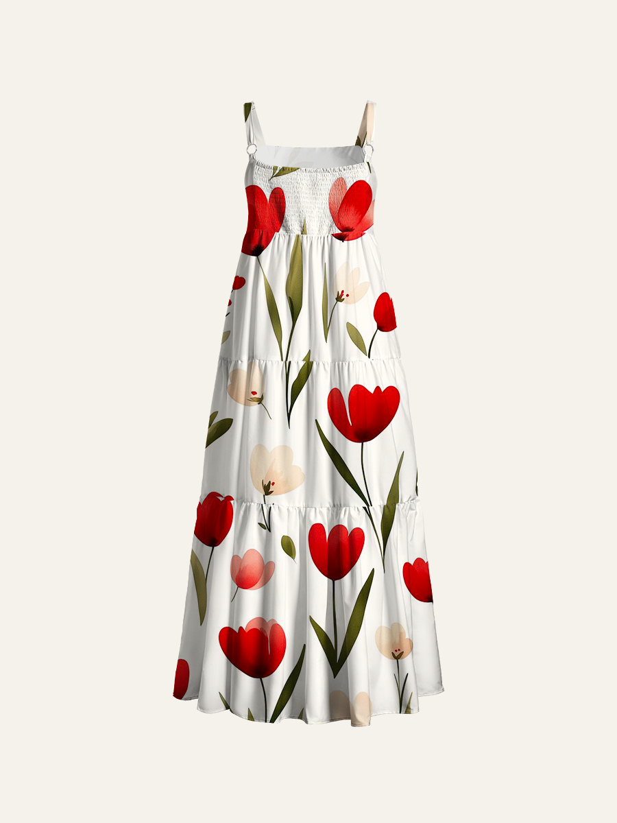 Watercolor Red Tulip Scattered Adjustable Wide Straps Maxi Dress