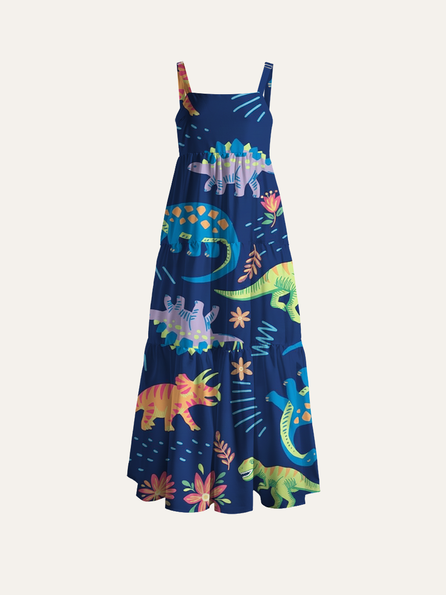 Cartoon Dinosaur Jungle Adjustable Wide Straps Maxi Dress