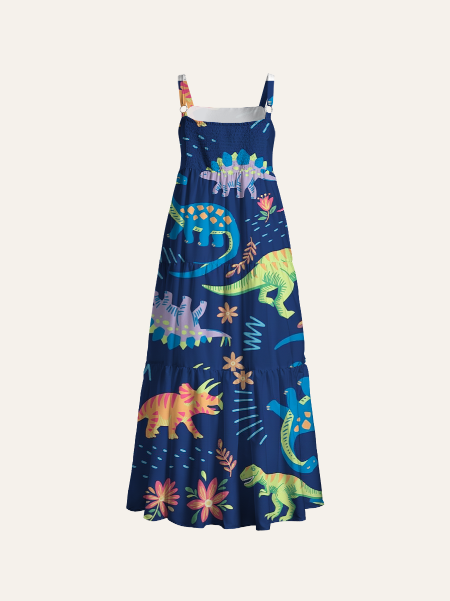 Cartoon Dinosaur Jungle Adjustable Wide Straps Maxi Dress