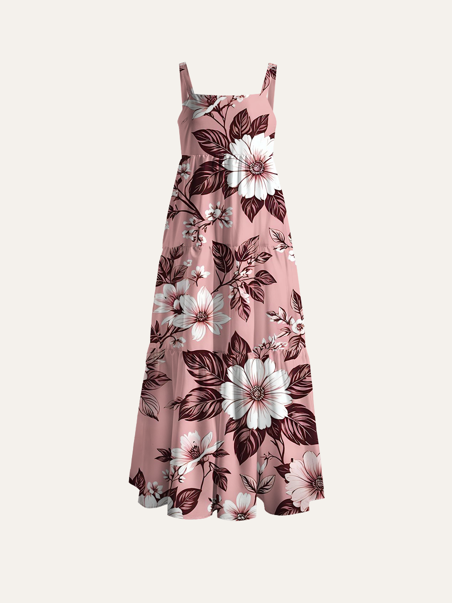 Vintage Monochrome Floral Branch Adjustable Wide Straps Maxi Dress