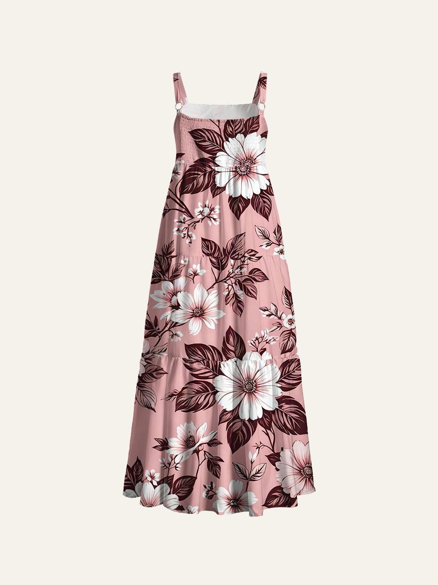 Vintage Monochrome Floral Branch Adjustable Wide Straps Maxi Dress