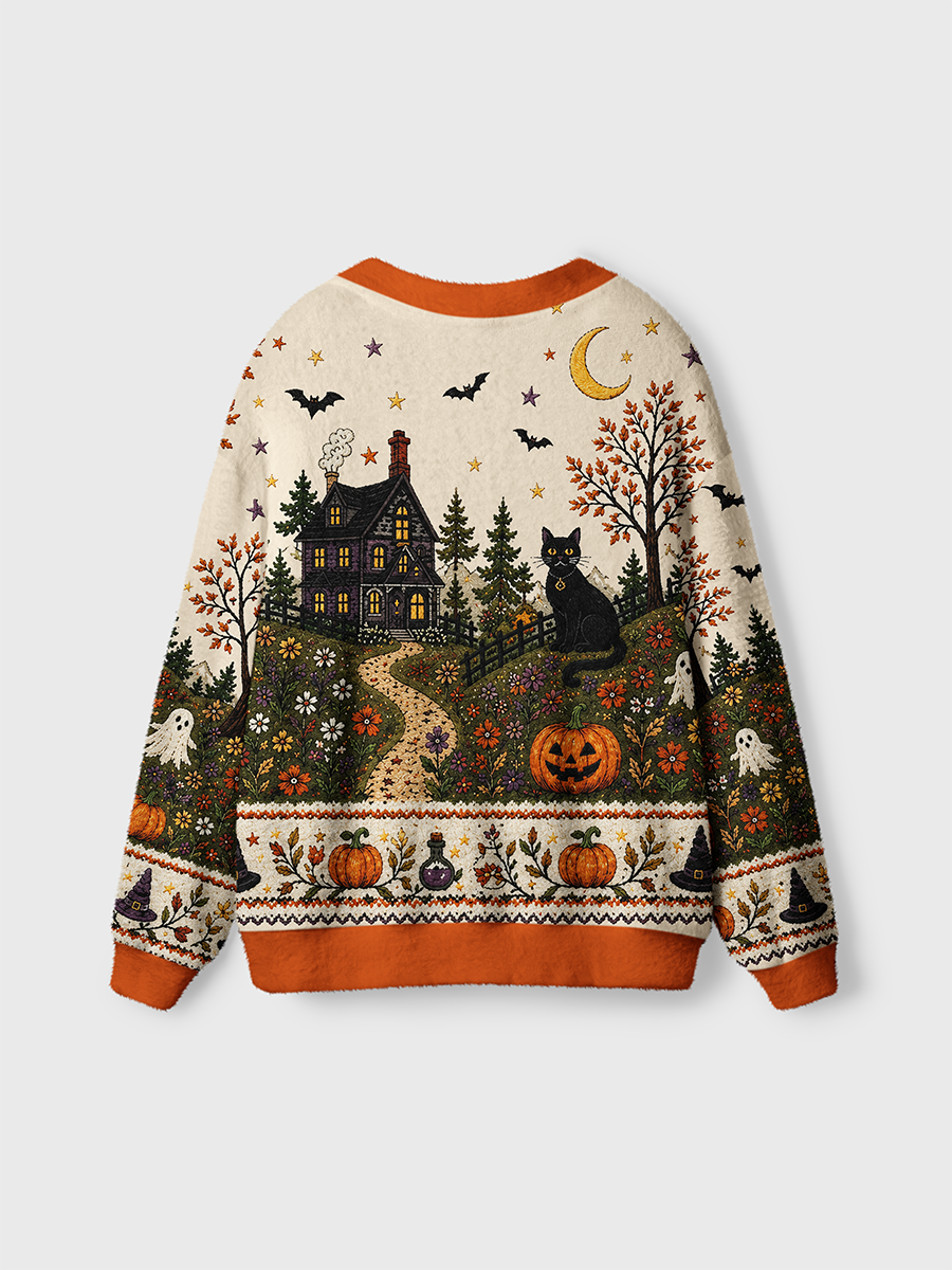 Vintage Halloween Countryside Scene Border Cardigan Sweaters