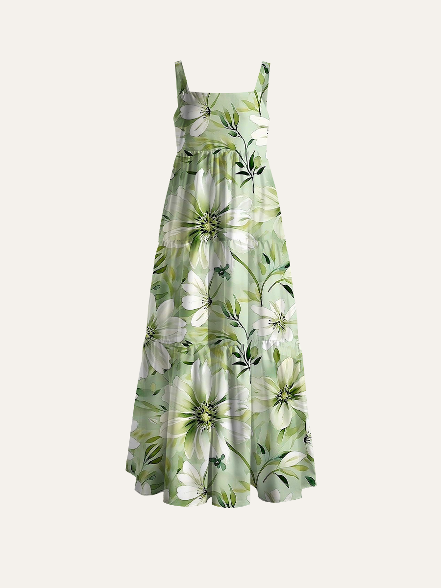 Mint Green Watercolor Daisy Floral Adjustable Wide Straps Maxi Dress