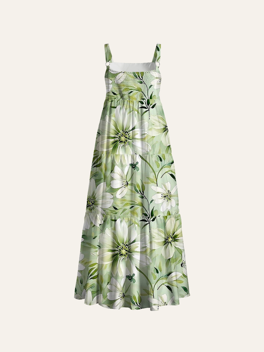 Mint Green Watercolor Daisy Floral Adjustable Wide Straps Maxi Dress