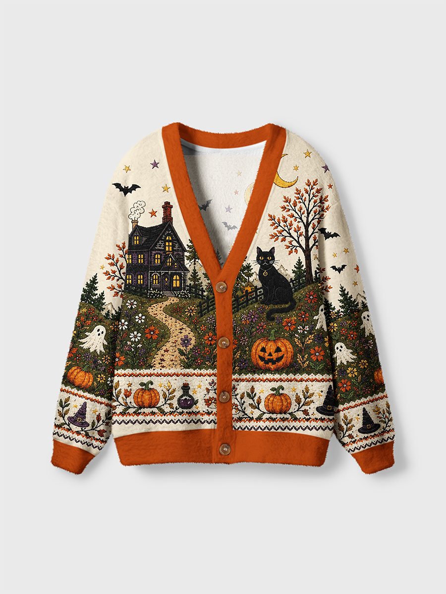Vintage Halloween Countryside Scene Border Cardigan Sweaters