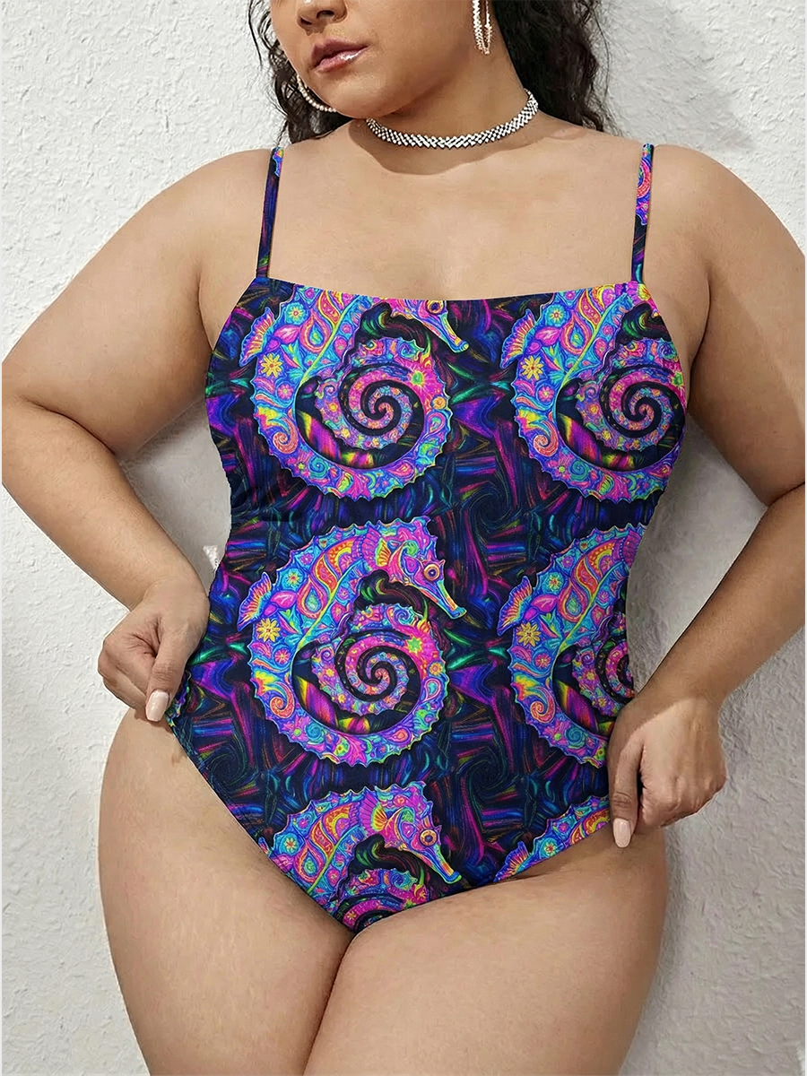 Vintage Psychedelic Spiral Seahorse One Piece Slim-Strap Swimsuit