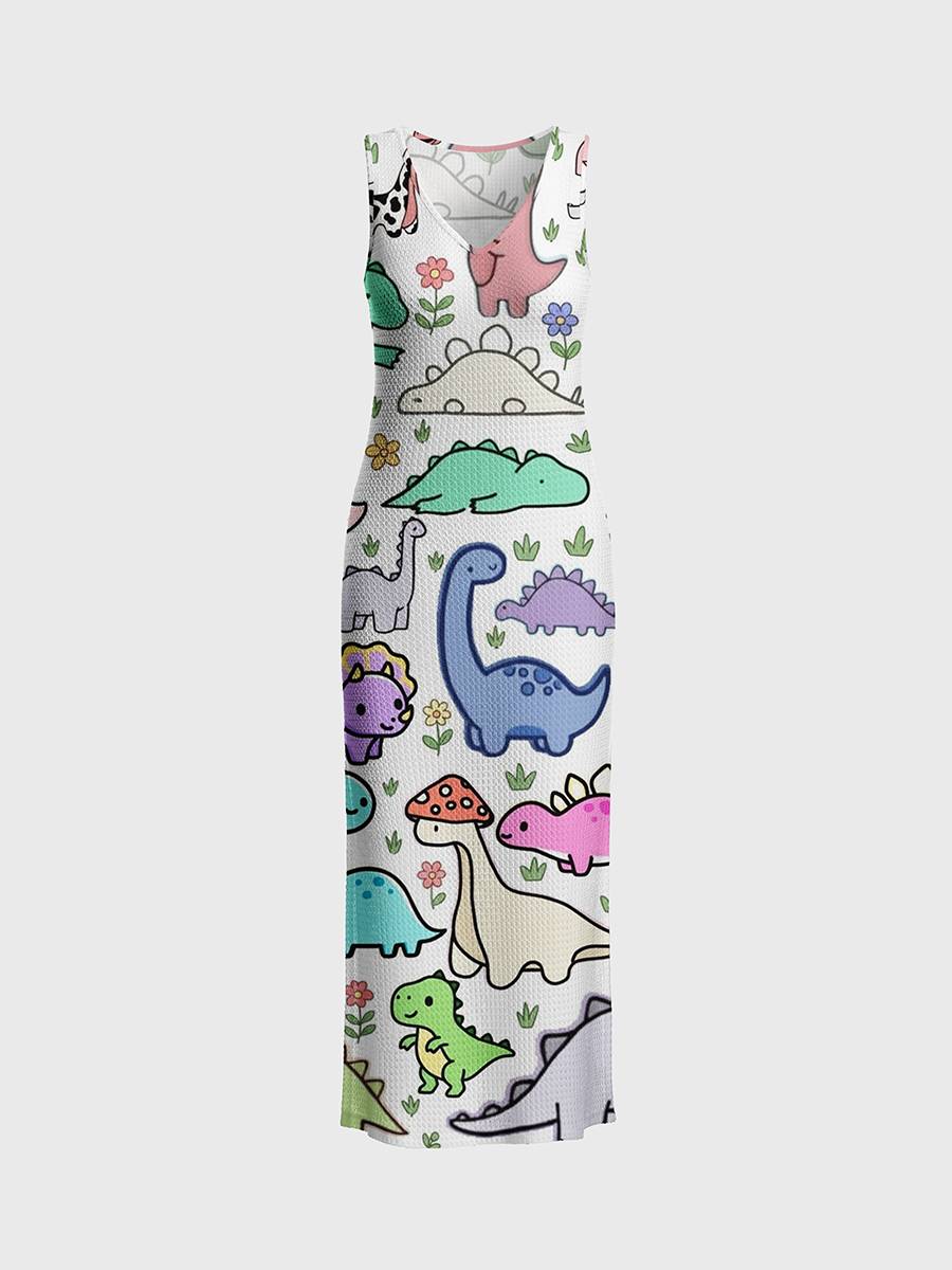 Cartoon Dino & Plants Open Stitch Midi Dress