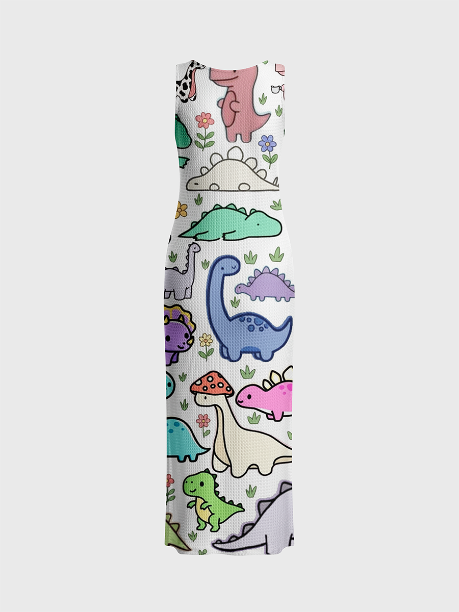 Cartoon Dino & Plants Open Stitch Midi Dress