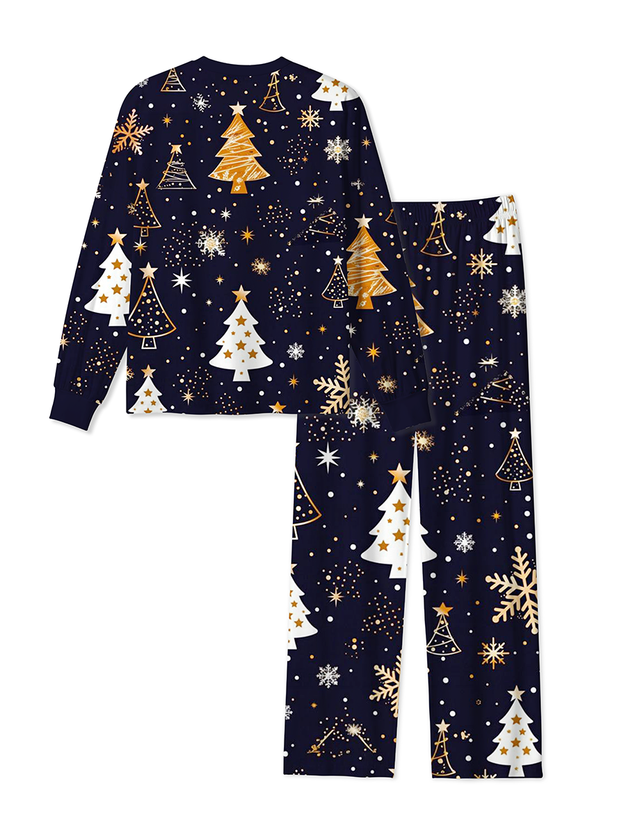 Vintage Starry Sky Gold and White Glowing Christmas Trees and Snowflakes Pajamas