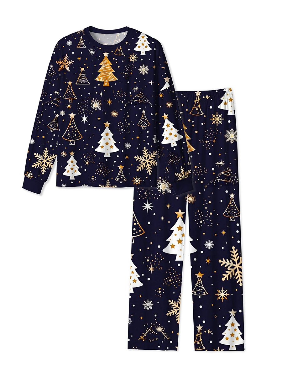 Vintage Starry Sky Gold and White Glowing Christmas Trees and Snowflakes Pajamas