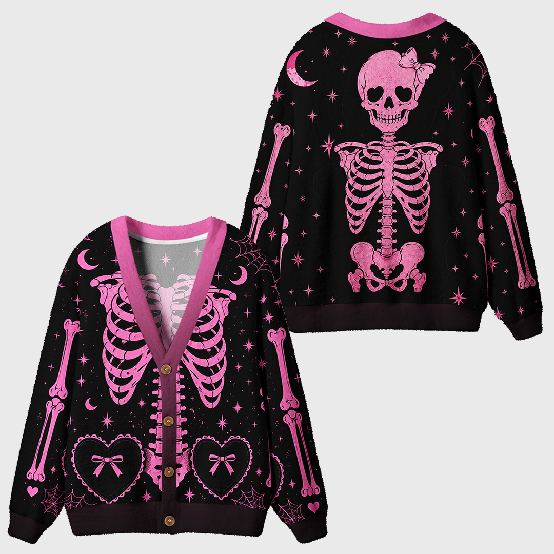 Vintage Cute Pink Bow Skeleton Halloween Cardigan Sweaters
