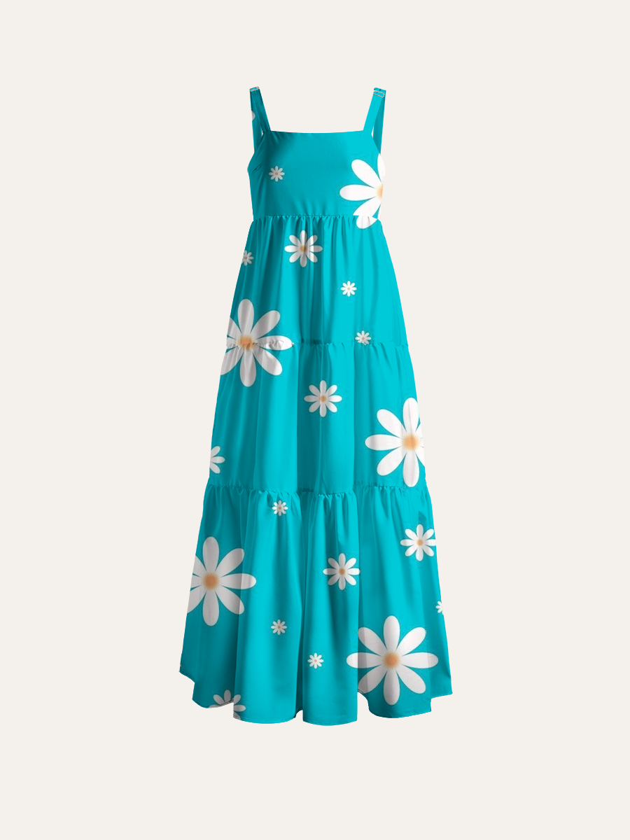 Minimal Ditsy Daisy Turquoise Adjustable Wide Straps Maxi Dress