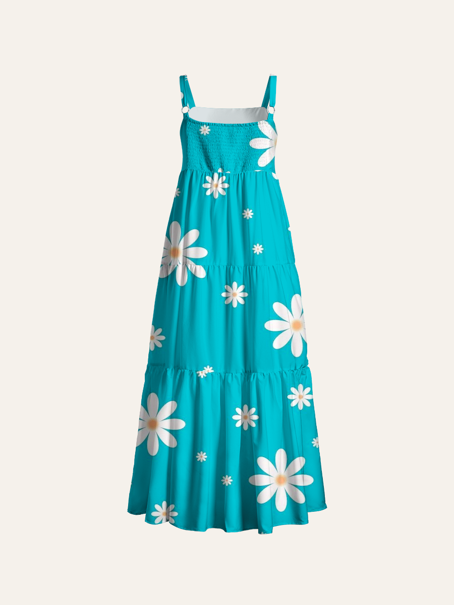 Minimal Ditsy Daisy Turquoise Adjustable Wide Straps Maxi Dress