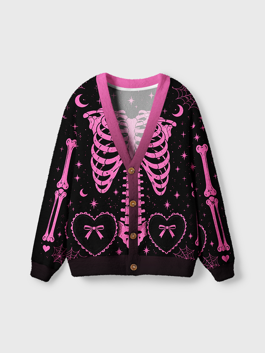 Vintage Cute Pink Bow Skeleton Halloween Cardigan Sweaters