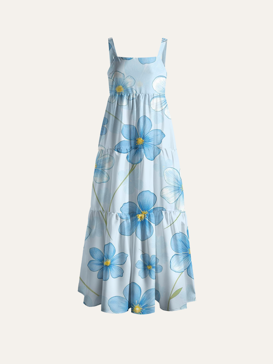 Sketch Blue Five-Petal Flower Adjustable Wide Straps Maxi Dress