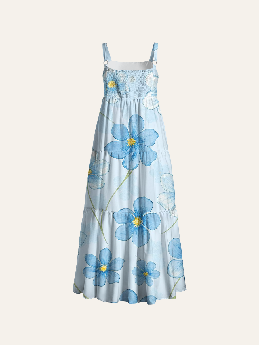 Sketch Blue Five-Petal Flower Adjustable Wide Straps Maxi Dress