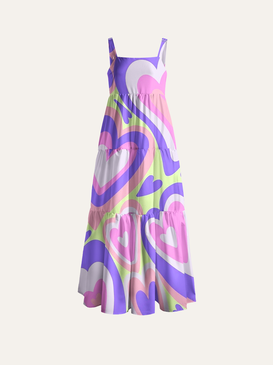 Psychedelic Layered Heart Adjustable Wide Straps Maxi Dress