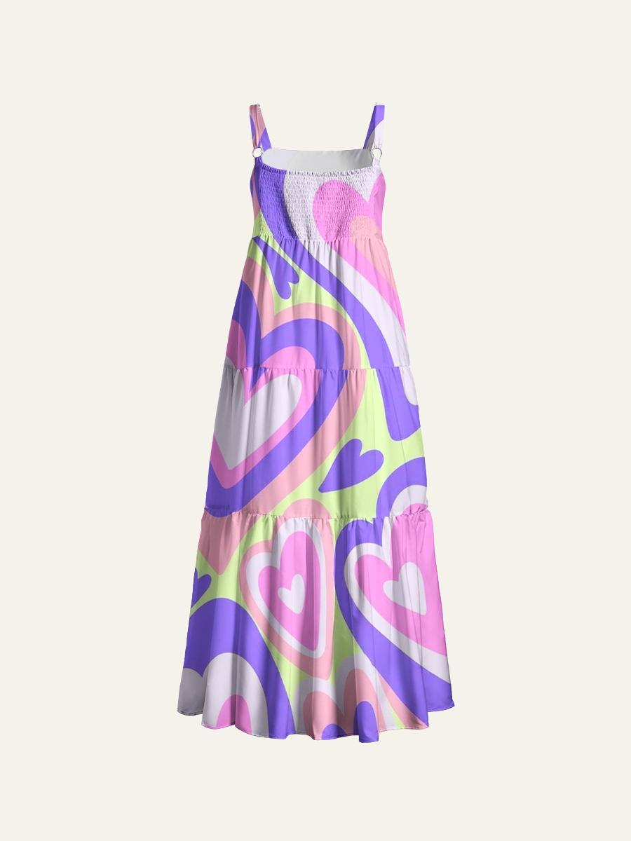 Psychedelic Layered Heart Adjustable Wide Straps Maxi Dress