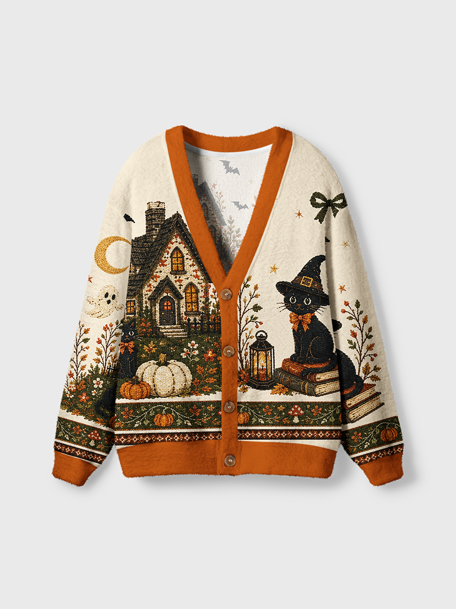 Vintage Embroidery Black Cat Halloween Cardigan Sweaters