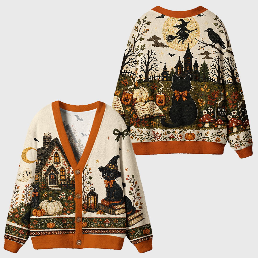 Vintage Embroidery Black Cat Halloween Cardigan Sweaters
