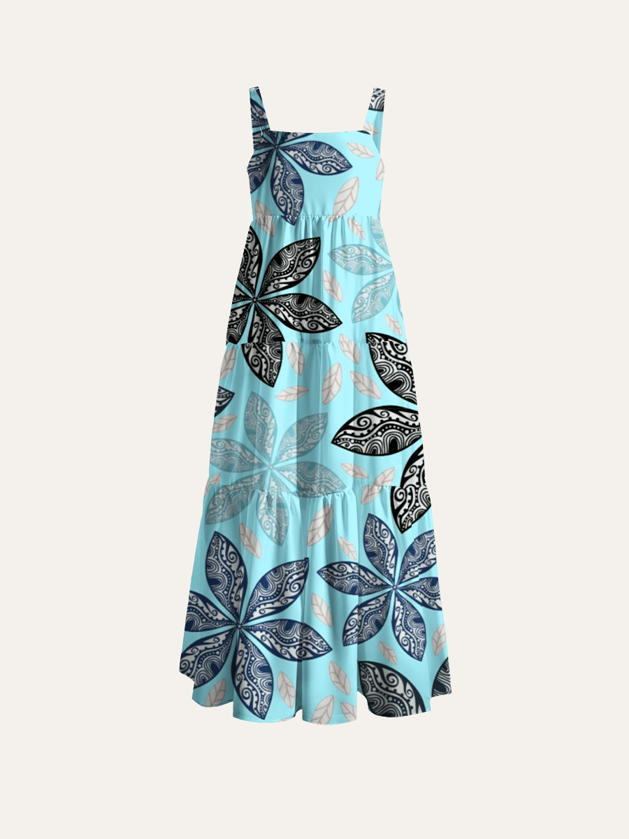 Boho Ethnic Swirl Floral Adjustable Wide Straps Maxi Dress