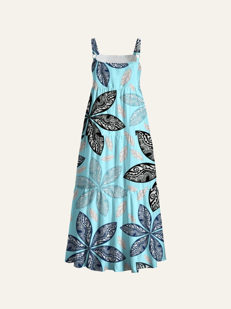 Boho Ethnic Swirl Floral Adjustable Wide Straps Maxi Dress