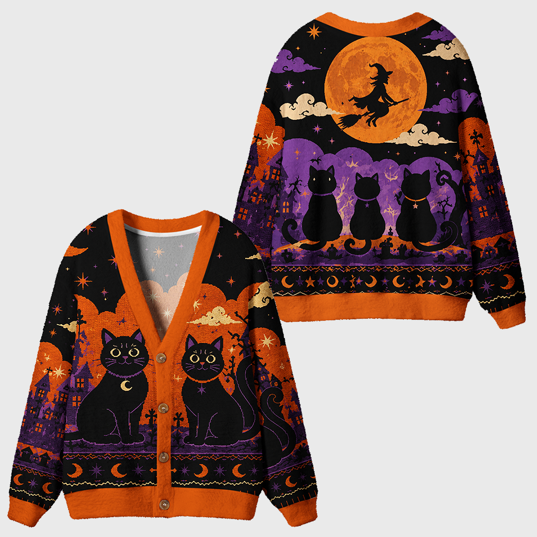Vintage Embroidered Two Black Cats Haunted Castle Border Cardigan Sweaters