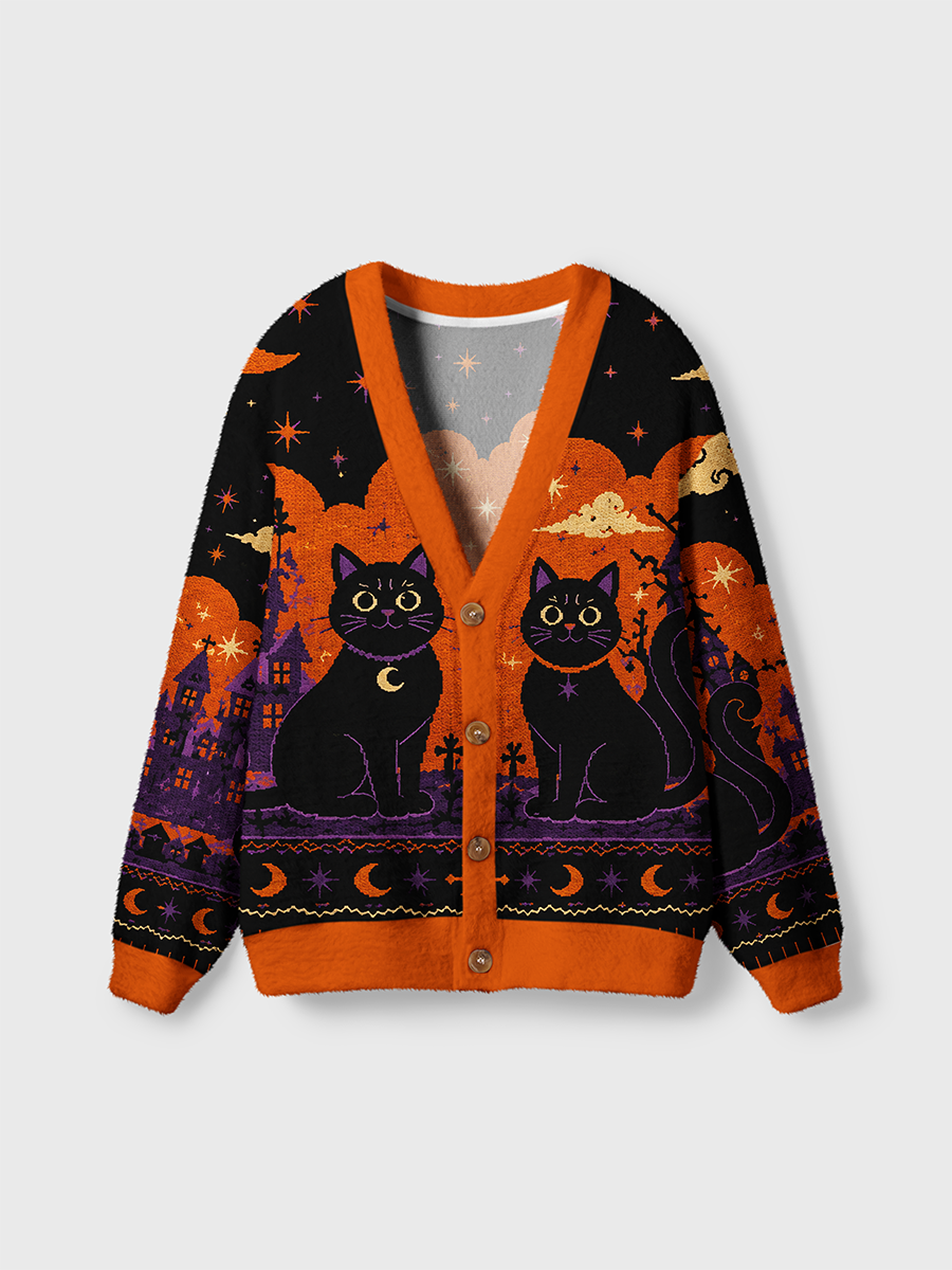 Vintage Embroidered Two Black Cats Haunted Castle Border Cardigan Sweaters