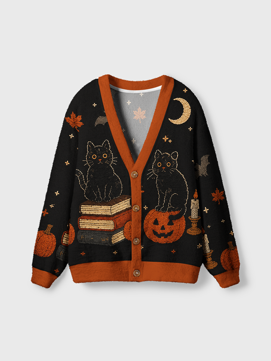 Vintage Witch House Black Cat Halloween Cardigan Sweaters