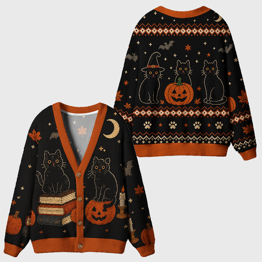 Vintage Witch House Black Cat Halloween Cardigan Sweaters