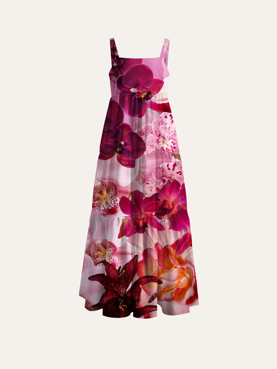 Photorealistic Mixed Orchid & Rose Adjustable Wide Straps Maxi Dress