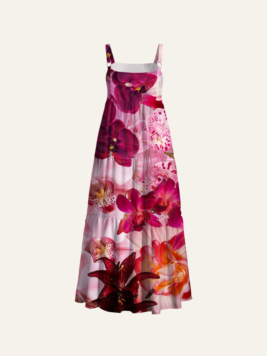 Photorealistic Mixed Orchid & Rose Adjustable Wide Straps Maxi Dress