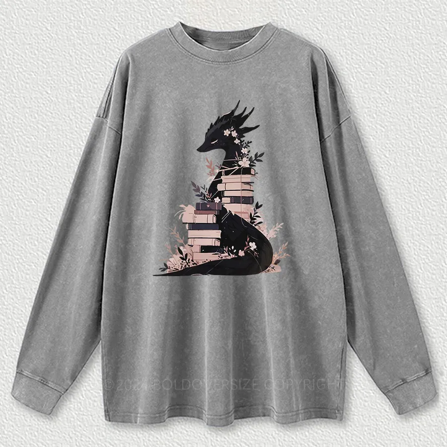 Vintage Book Dragon Fantasy Reader Washed Long Sleeve Shirt