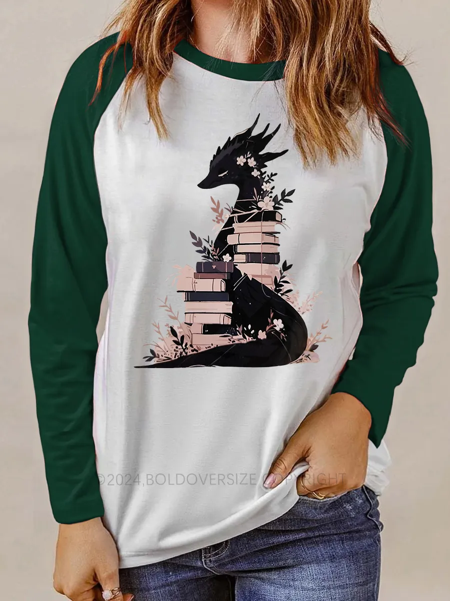 Vintage Book Dragon Fantasy Reader Raglan Long Sleeve T-Shirt