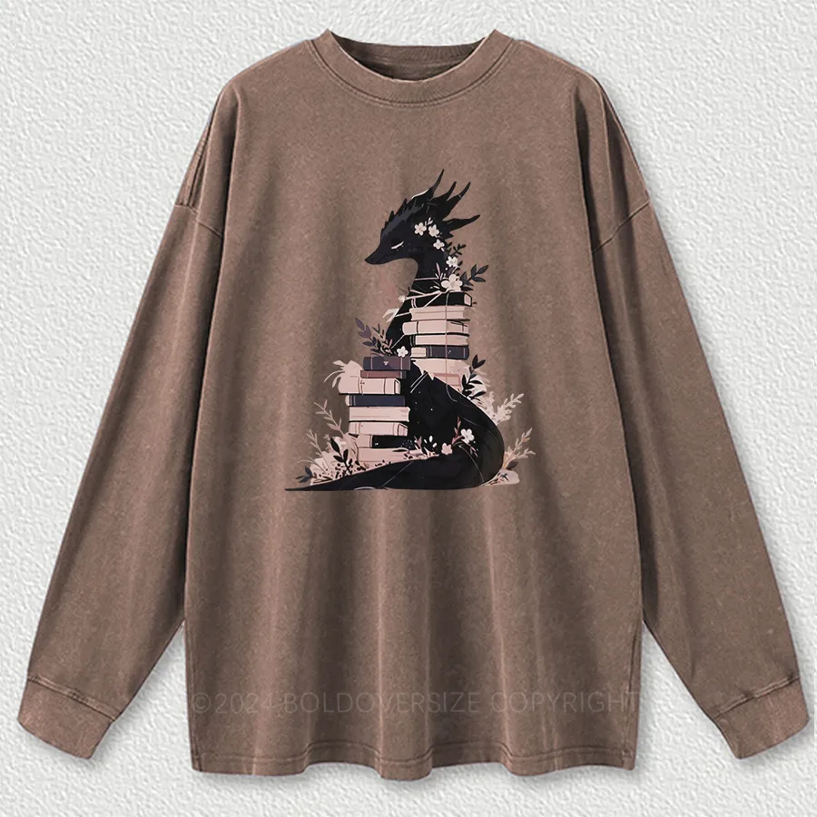 Vintage Book Dragon Fantasy Reader Washed Long Sleeve Shirt