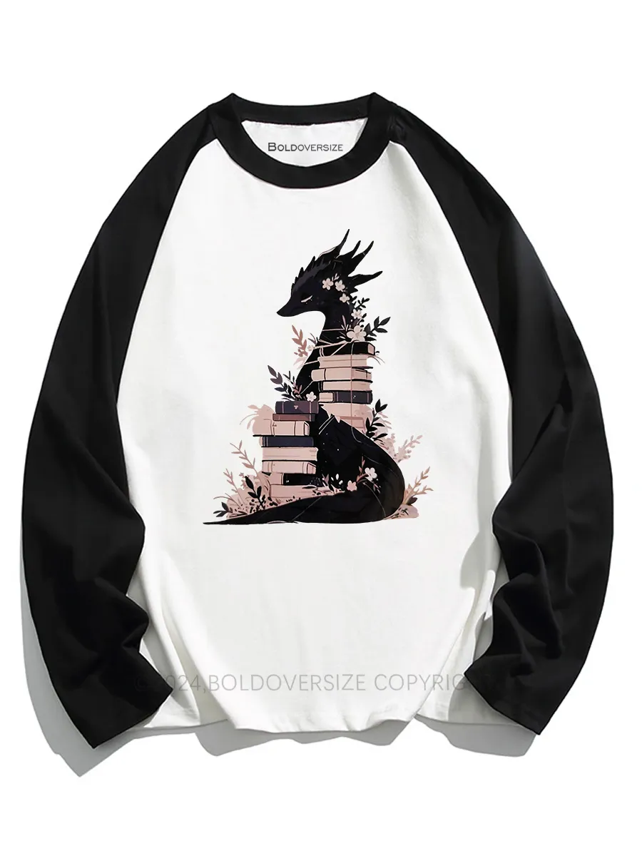 Vintage Book Dragon Fantasy Reader Raglan Long Sleeve T-Shirt