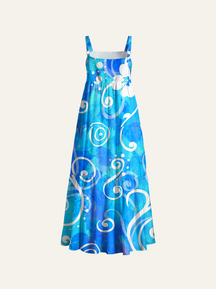 Aqua Blue Ink Wash Scroll Clover Adjustable Wide Straps Maxi Dress