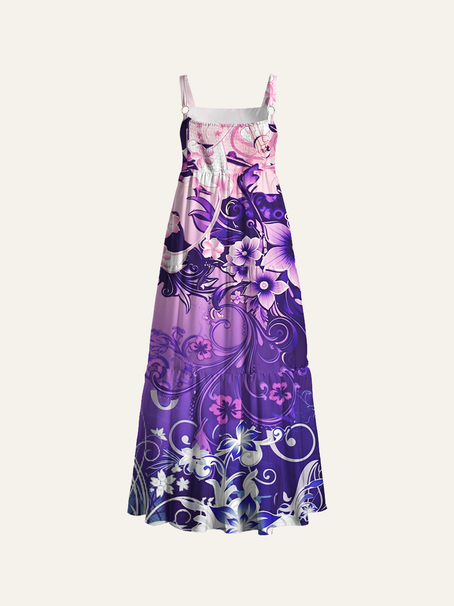 Gothic Gradient Purple Vine Floral Adjustable Wide Straps Maxi Dress