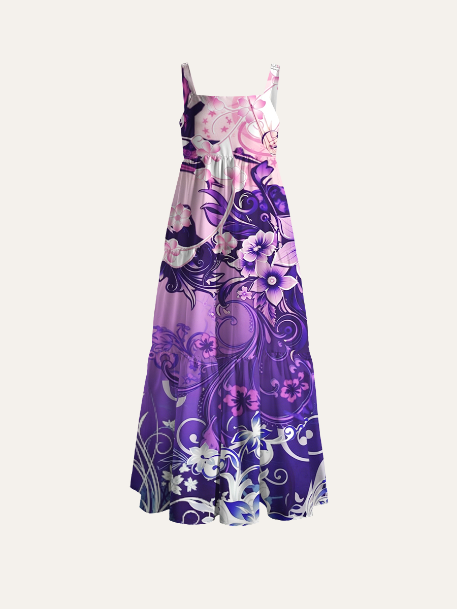 Gothic Gradient Purple Vine Floral Adjustable Wide Straps Maxi Dress