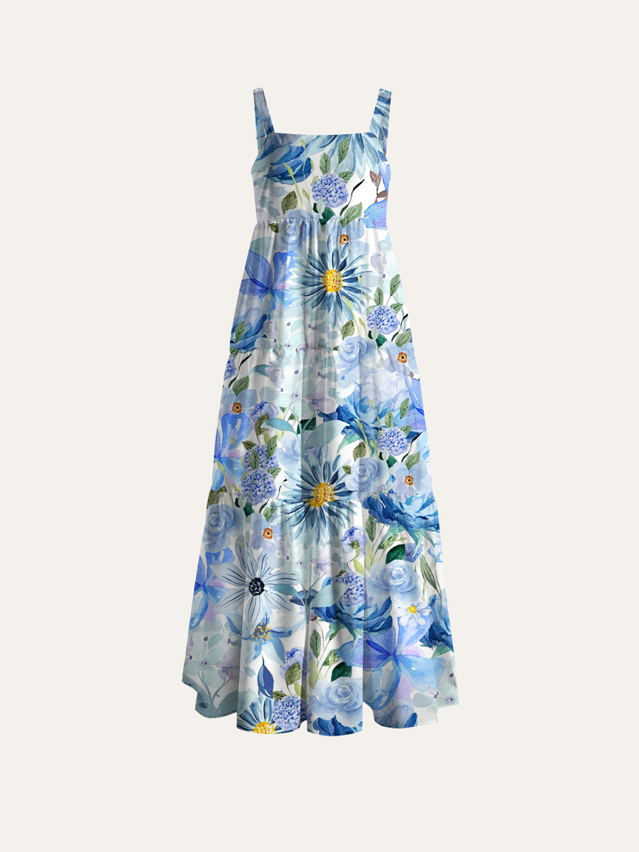 Blue Tone Mixed Floral Watercolor Adjustable Wide Straps Maxi Dress