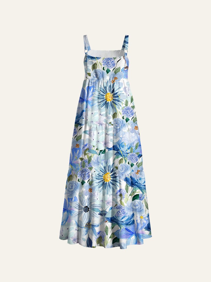 Blue Tone Mixed Floral Watercolor Adjustable Wide Straps Maxi Dress