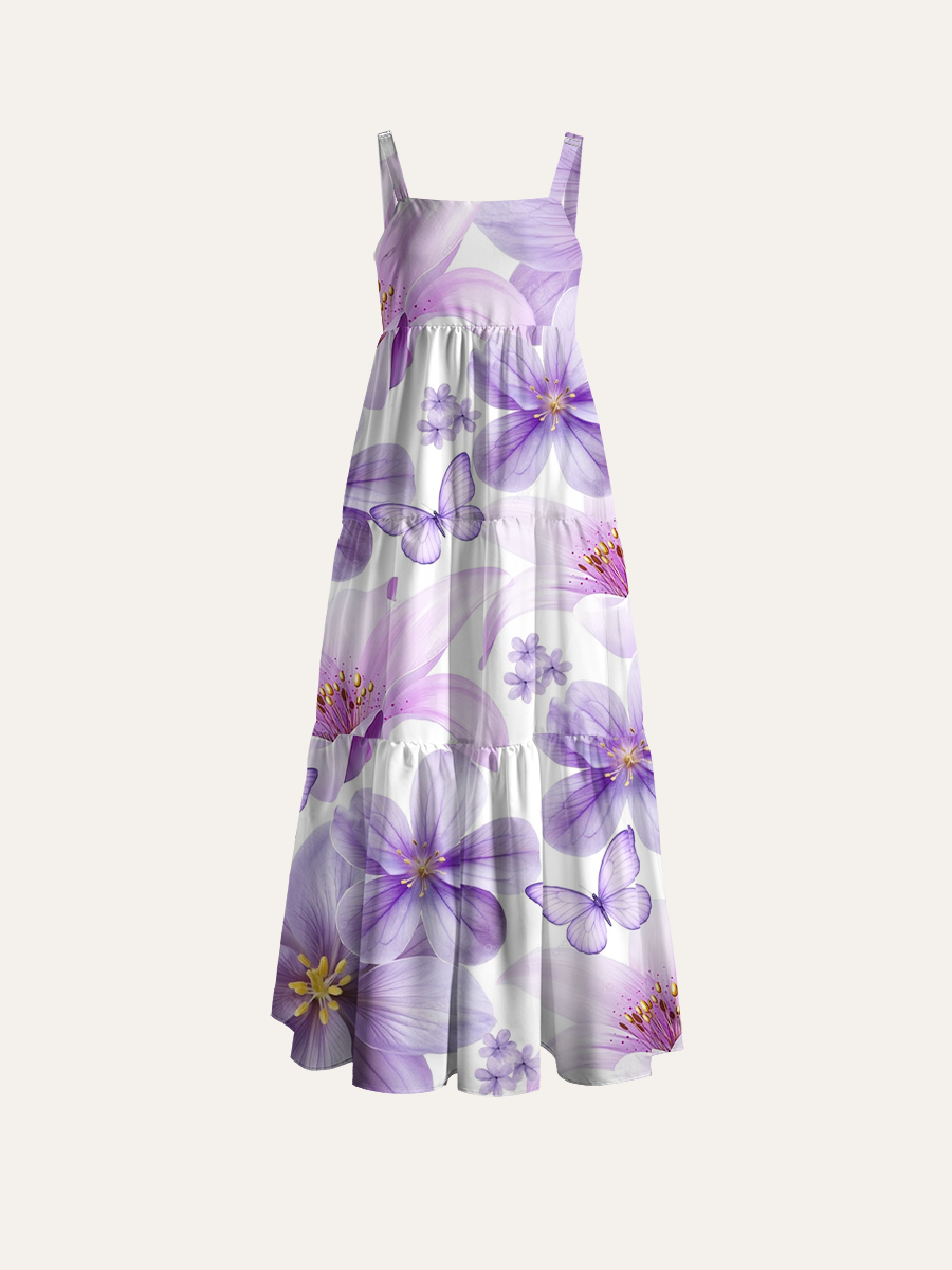 Watercolor Purple Lily & Butterfly Adjustable Wide Straps Maxi Dress